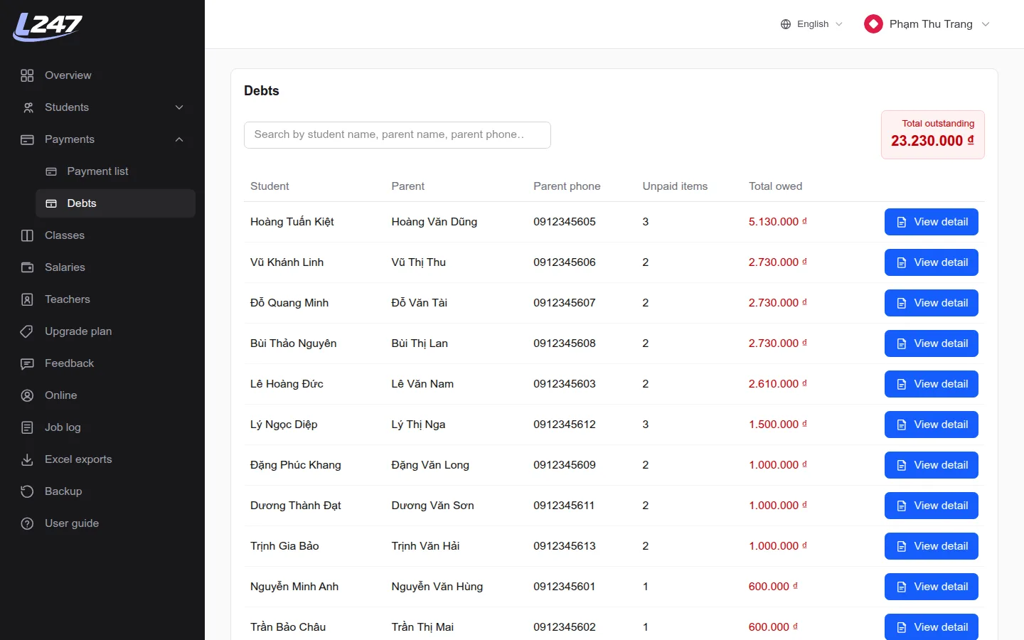 Debts page