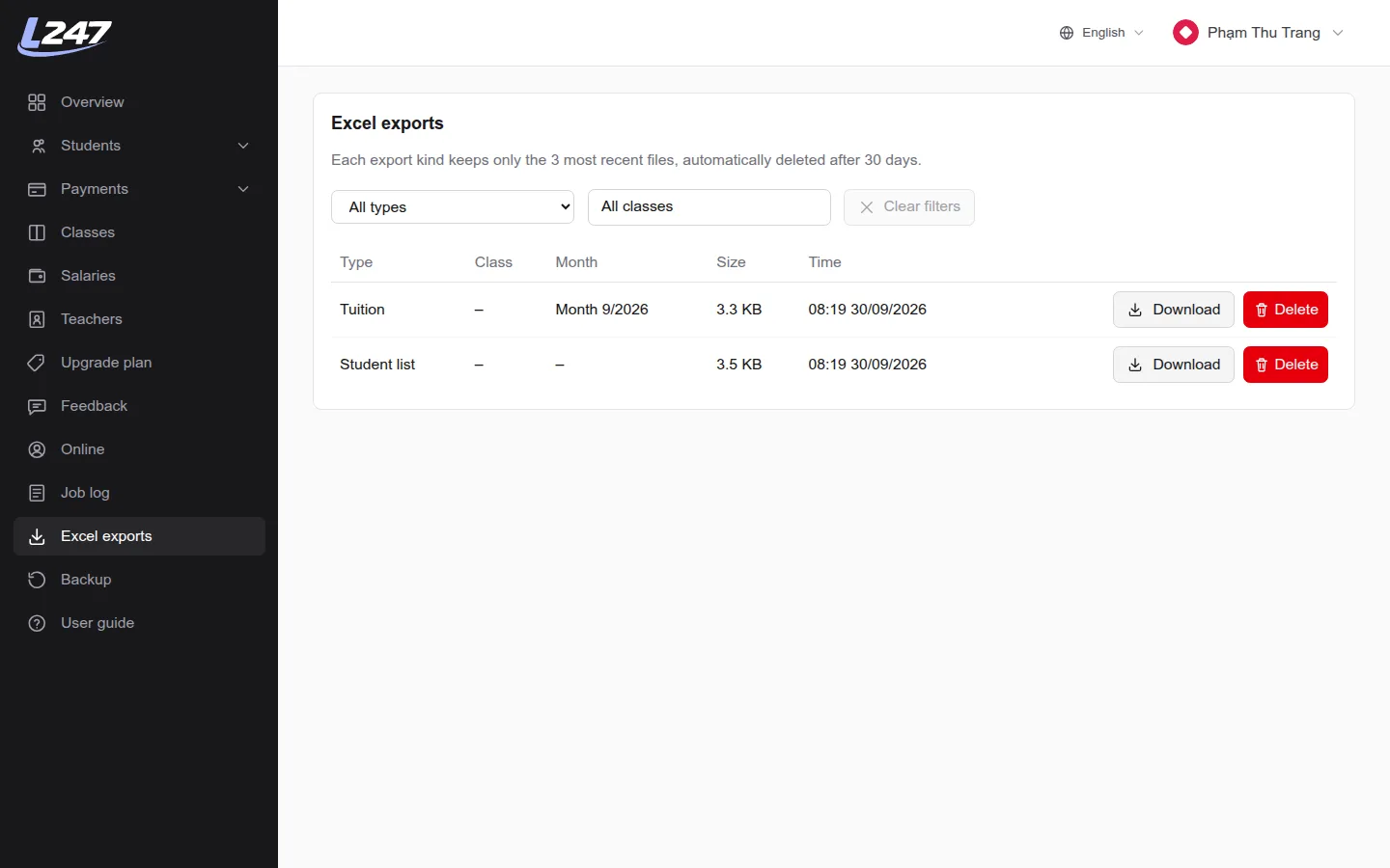 Excel exports page