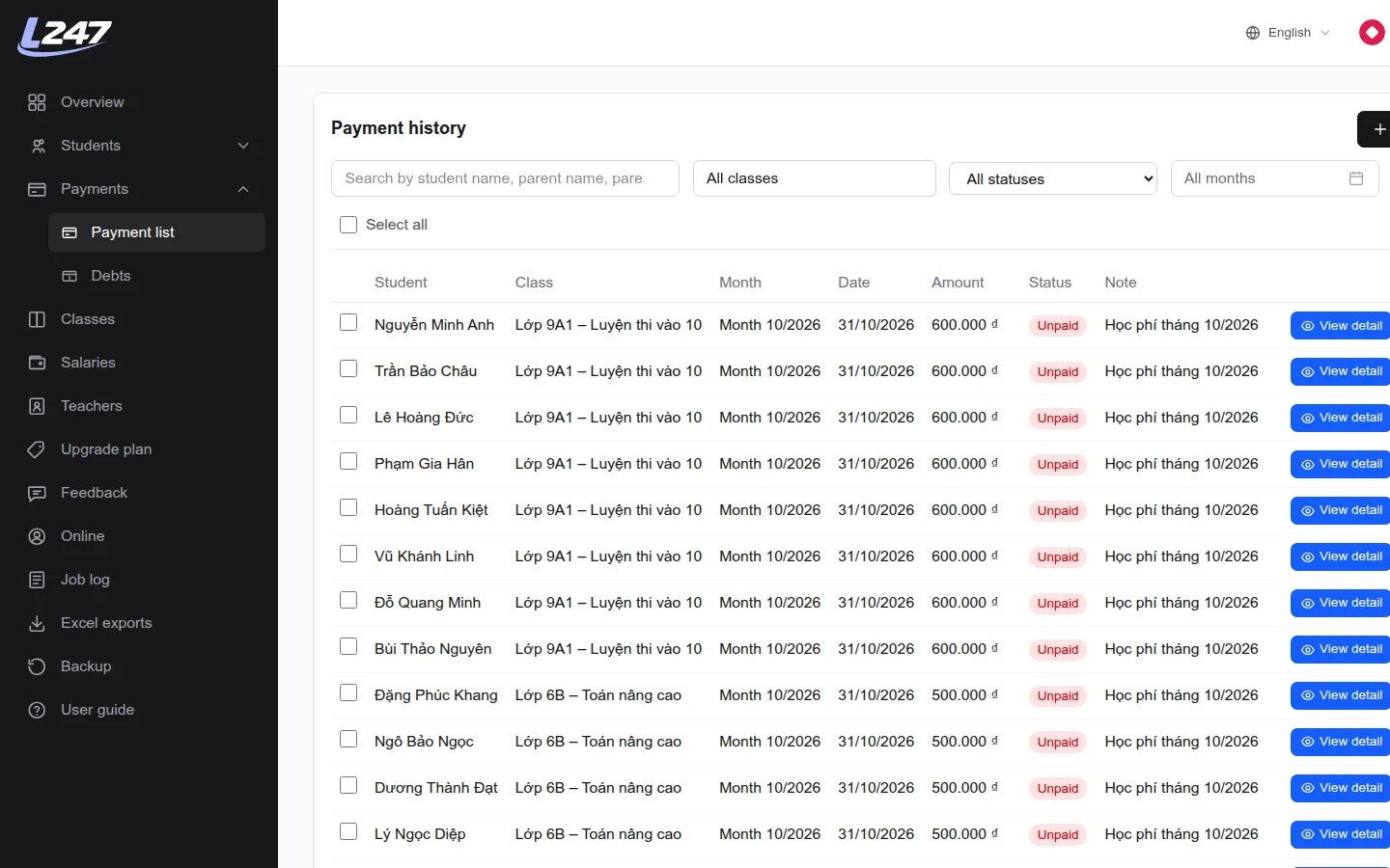Payment history