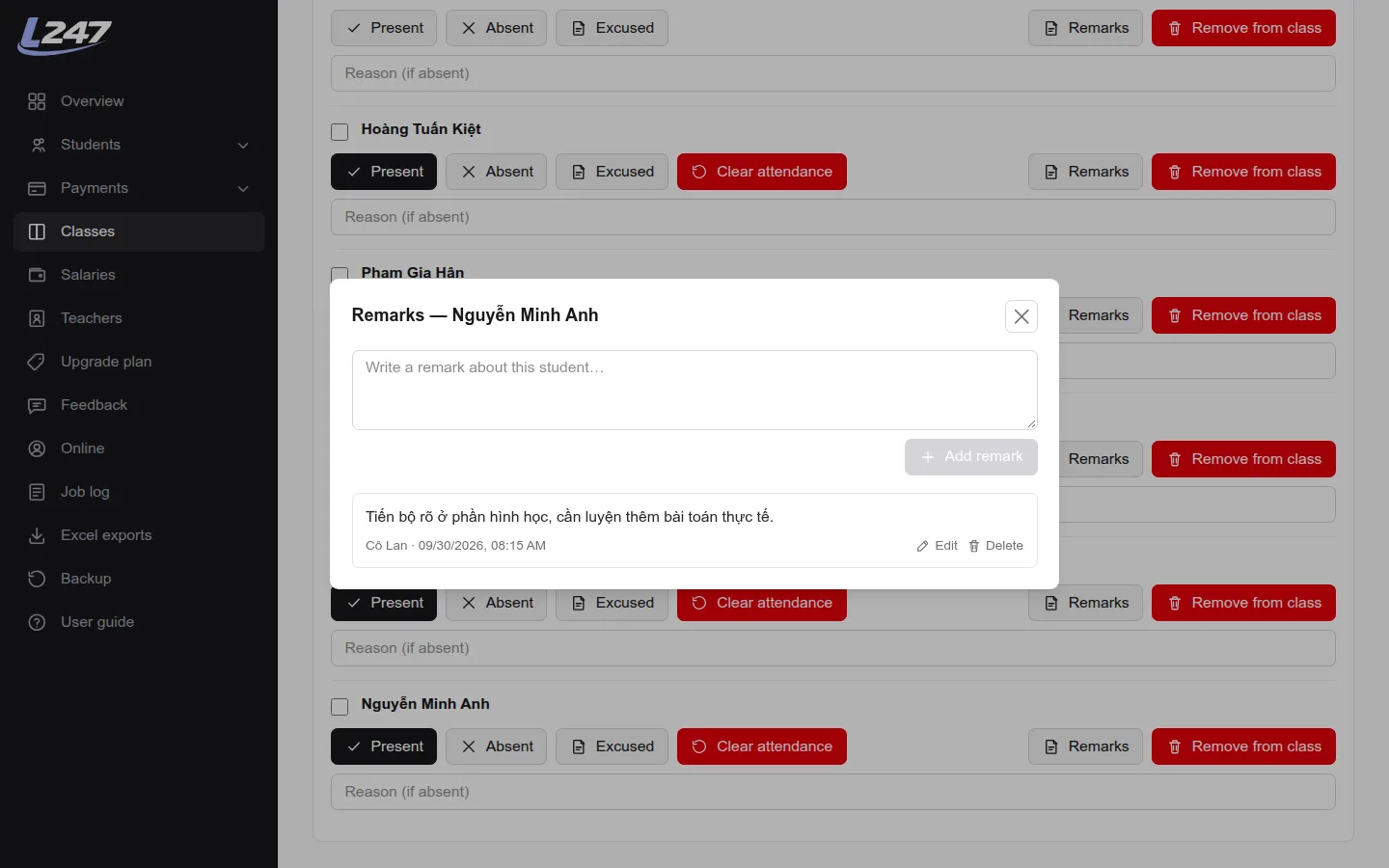 Student remarks dialog