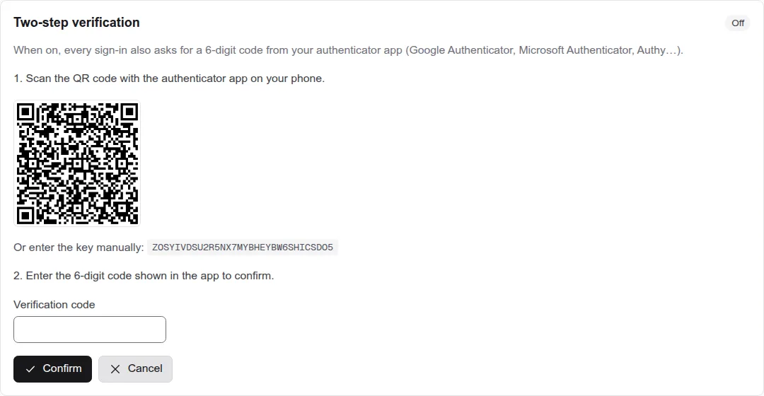 Two-step verification setup