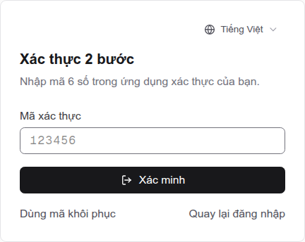 Màn hình nhập mã xác thực khi đăng nhập
